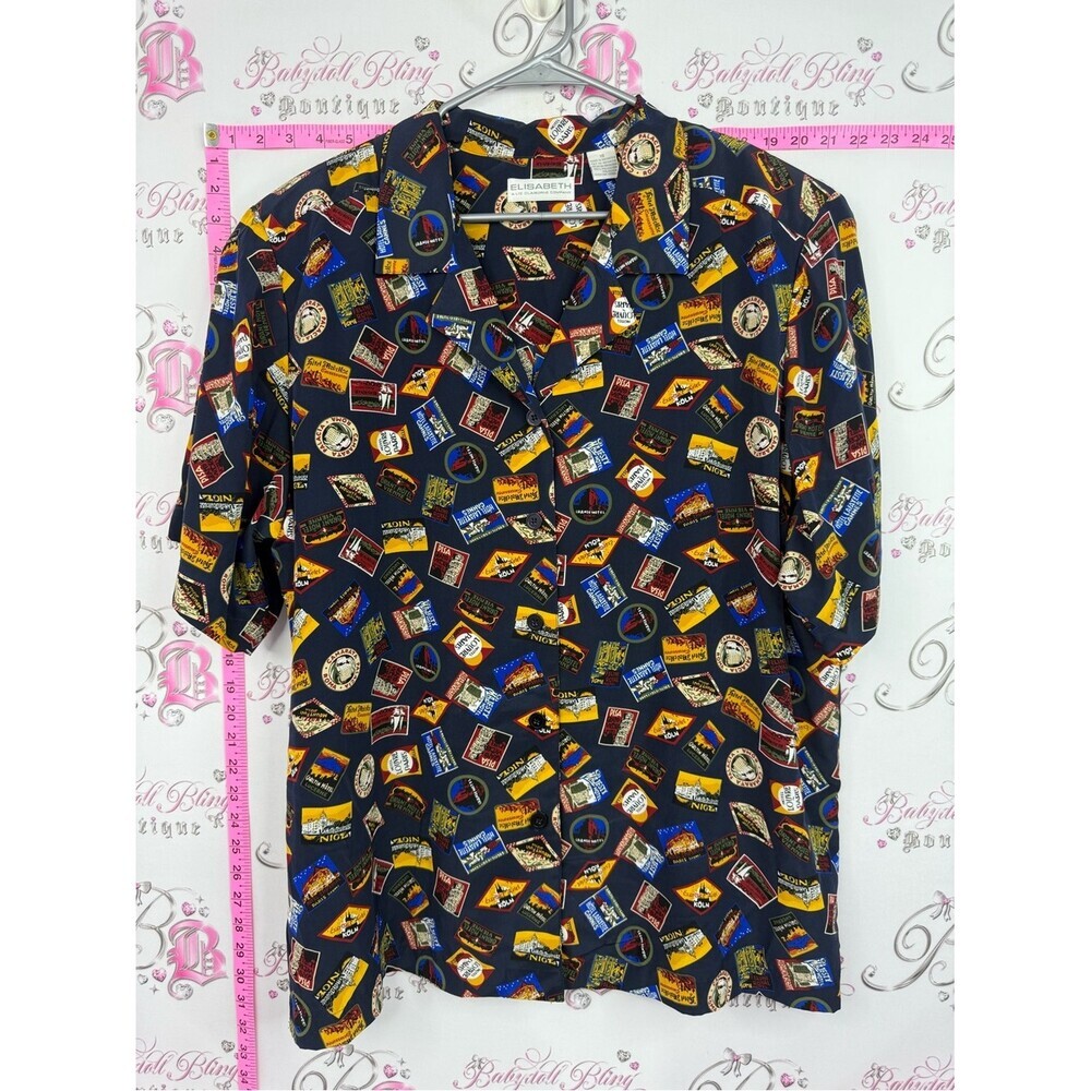 Shirt vintage Navy Short-Sleeve Button-Down Shirt with Travel Patch Print
